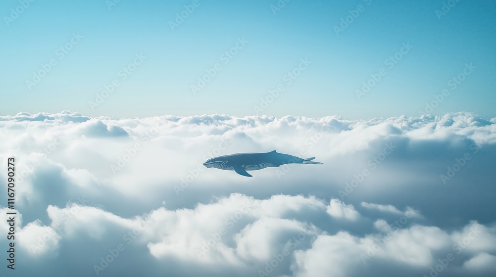 Fototapeta premium A majestic whale gliding gracefully through fluffy white clouds against a blue sky.