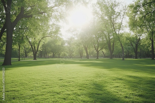 Wallpaper Mural Beautiful green grass in the park with trees and a sunlit background. A healthy environment for fitness or outdoor activity. featuring high resolution, high quality, professional color grading, Torontodigital.ca