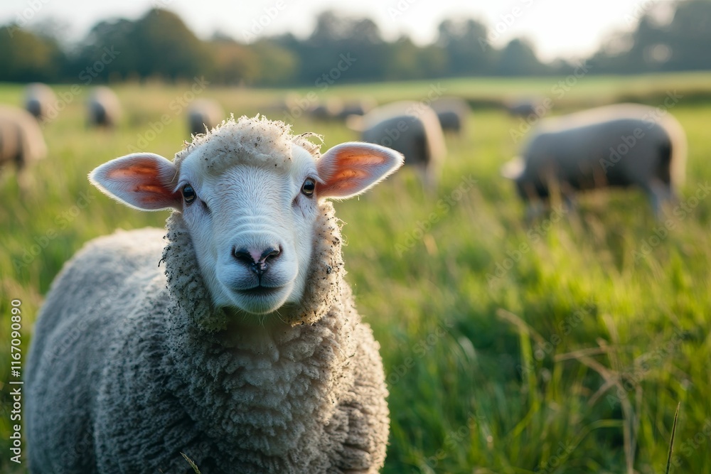 Fluffy white sheep stares, grassy pasture backdrop. Fluffy white sheep stares, grassy pasture backdrop.