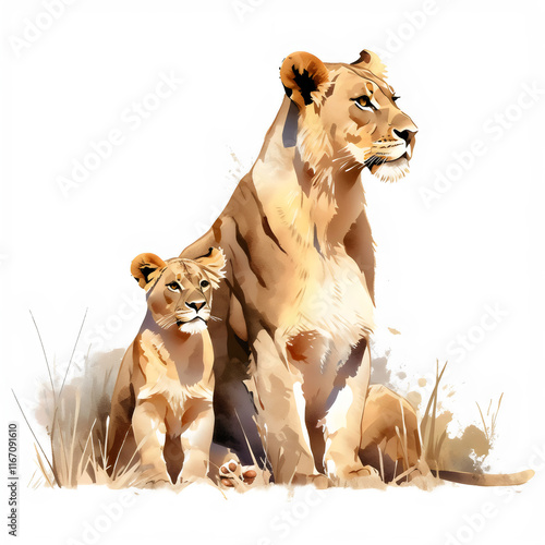 Illustration of a lioness and lion cub sitting on savannah, lioness image isolated on a white background, lioness design art, lioness clip art image, lioness Illustration, lioness cartoon image photo