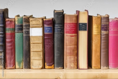 A collection of vintage books on a wooden shelf. photo