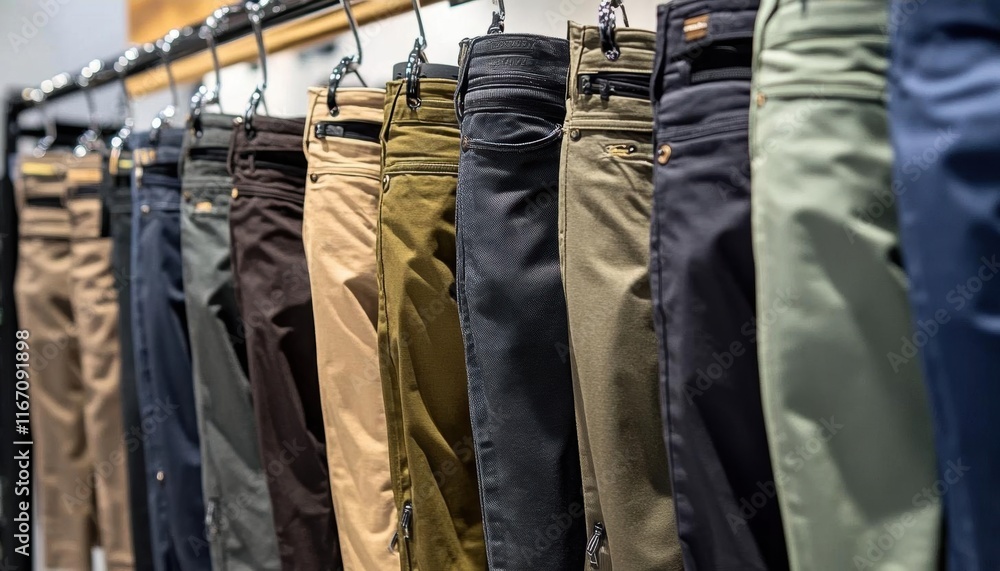 A display of various colored pants hanging on a rack in a store. A display of various colored pants hanging on a rack in a store.