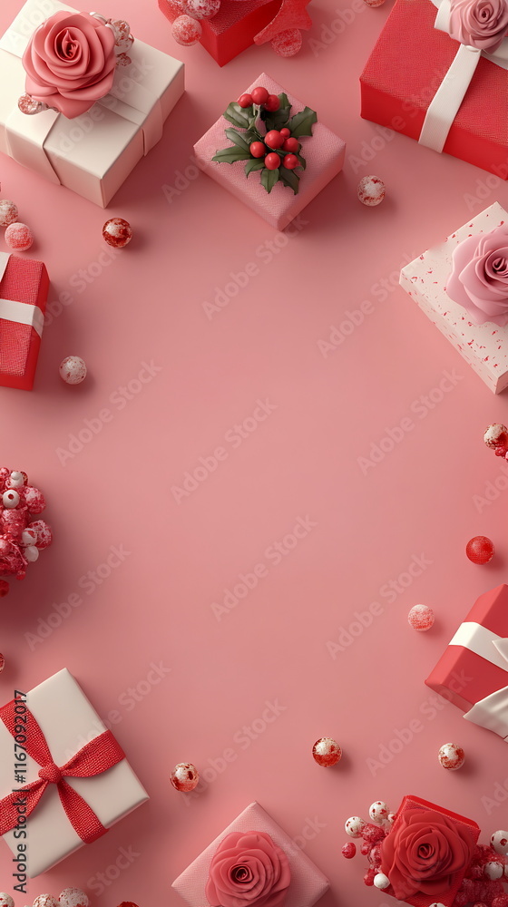 Elegant flat lay of several gift boxes in pink, red, and white colors, pastel pink background, small roses in the center Valentine's day vertical social media concept, photo footage stories reels Elegant flat lay of several gift boxes in pink, red, and white colors, pastel pink background, small roses in the center Valentine's day vertical social media concept, photo footage stories reels