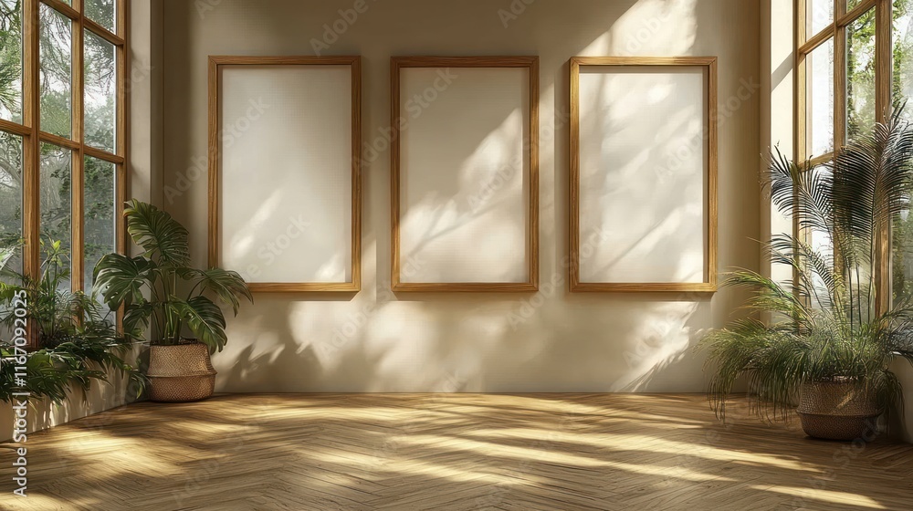 Three Vertical Blank Wooden Frames Mockup Against Beige Wall with Soft Morning Light in Minimalist Scandinavian Room Three Vertical Blank Wooden Frames Mockup Against Beige Wall with Soft Morning Light in Minimalist Scandinavian Room