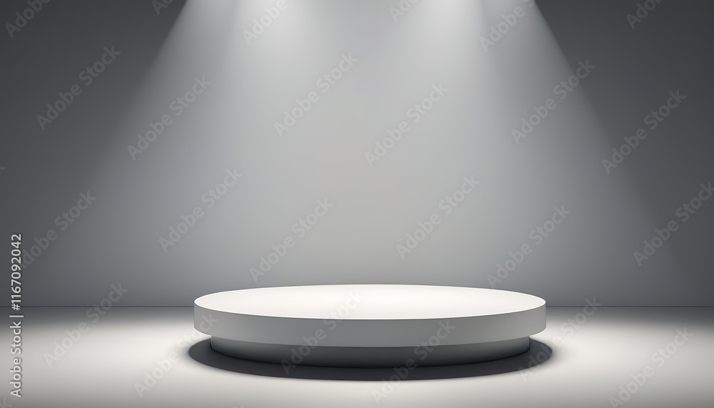Threetiered circular podium lit by spotlights in a minimalist grey studio S4 Threetiered circular podium lit by spotlights in a minimalist grey studio S4