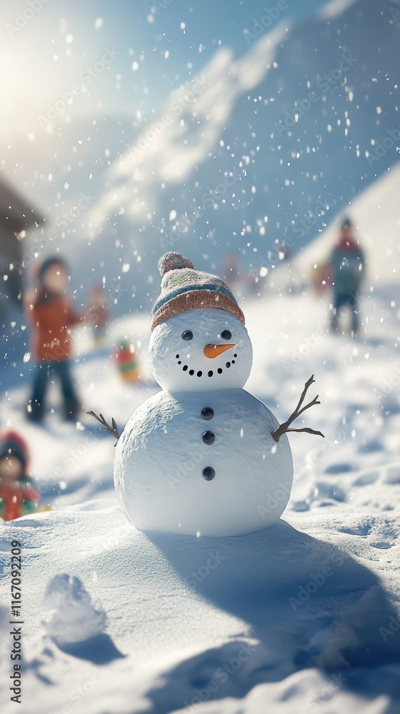 Obraz premium Kids playing in sunny alpine snowfield with snowman