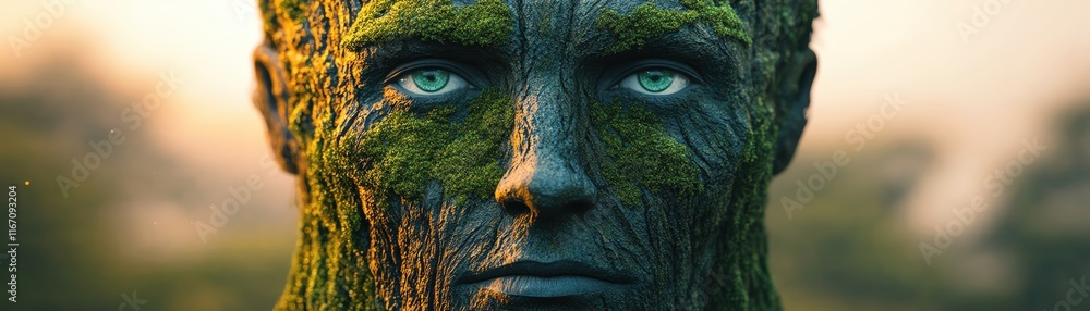 Close-up of a green moss-covered face, blending nature and artistry in an enchanting scene. Close-up of a green moss-covered face, blending nature and artistry in an enchanting scene.