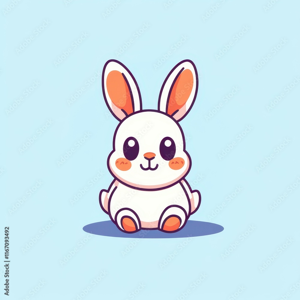 Obraz premium Cute Cartoon Bunny with Large Eyes and Fluffy Ears Sitting on a Soft Blue Background, Perfect for Children's Illustrations and Easter Celebrations
