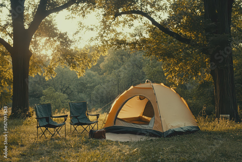Fototapeta Naklejka Na Ścianę i Meble -  Camping outdoors with lots of sunlight with one tent Two outdoor camping chairs BBQ rack..