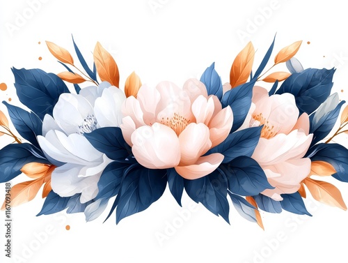 Elegant Floral Arrangement Blue White Peach Peonies