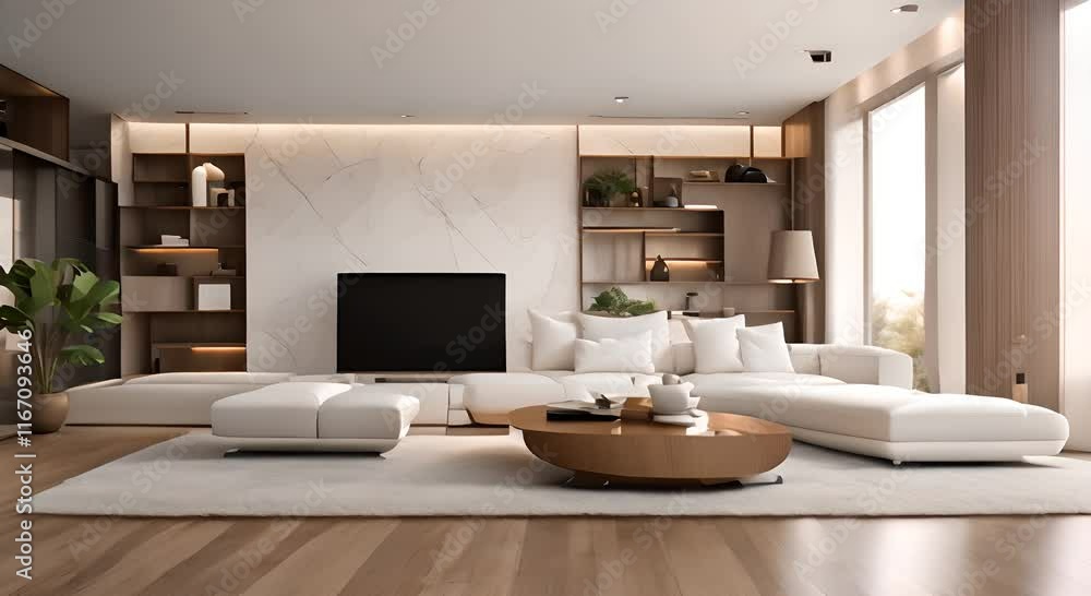 Modern interior design of living room with white sofa coffee table stucco wall 3d animation rendering 4K Modern interior design of living room with white sofa coffee table stucco wall 3d animation rendering 4K