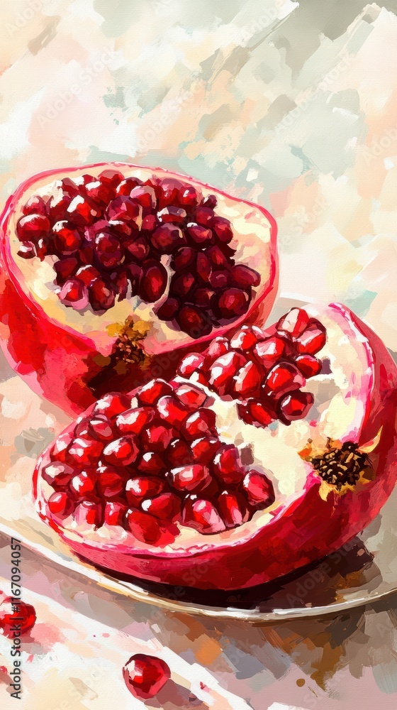 Gouache illustration of a halved pomegranate with glossy seeds Gouache illustration of a halved pomegranate with glossy seeds