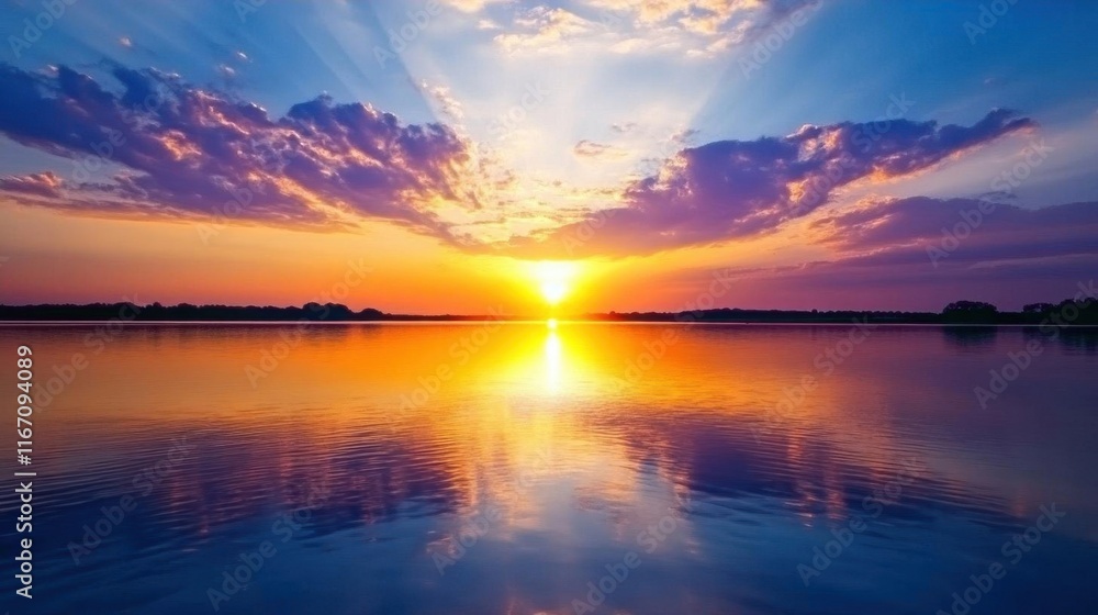 Fototapeta premium A serene sunset over a calm lake, reflecting vibrant colors in the sky.