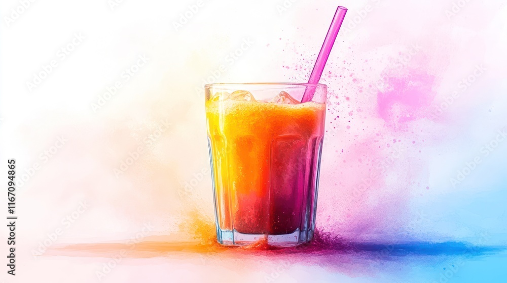 Layered iced drink in glass with colorful powder splash. Layered iced drink in glass with colorful powder splash.