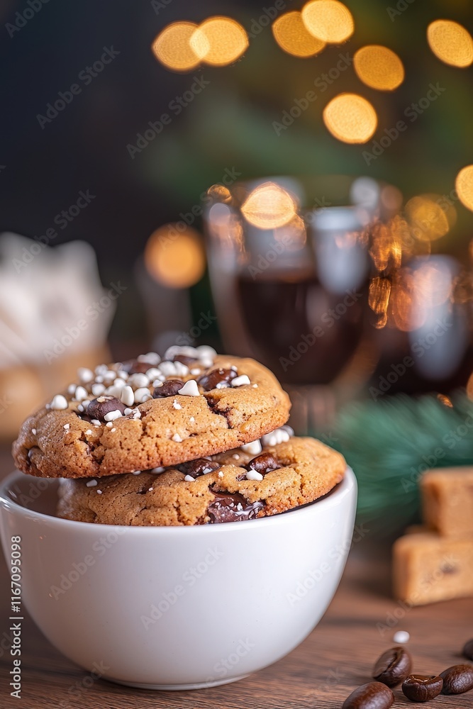 Fototapeta premium Delicious freshly baked chocolate chip cookies with sprinkles in a white bowl against a warm, festive background of blurred lights and coffee glasses
