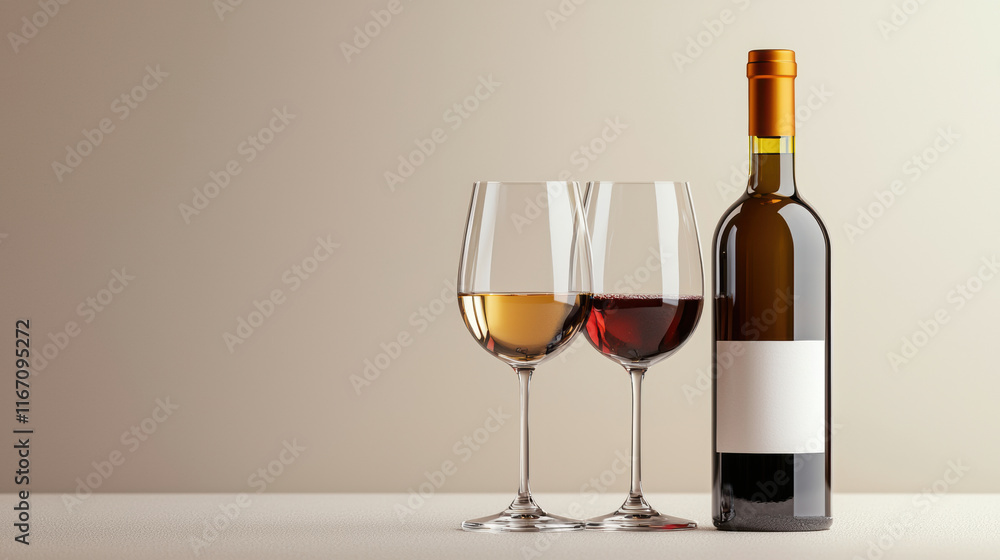 Elegant still life featuring wine bottle and two glasses filled with white and red wine, creating sophisticated atmosphere Elegant still life featuring wine bottle and two glasses filled with white and red wine, creating sophisticated atmosphere