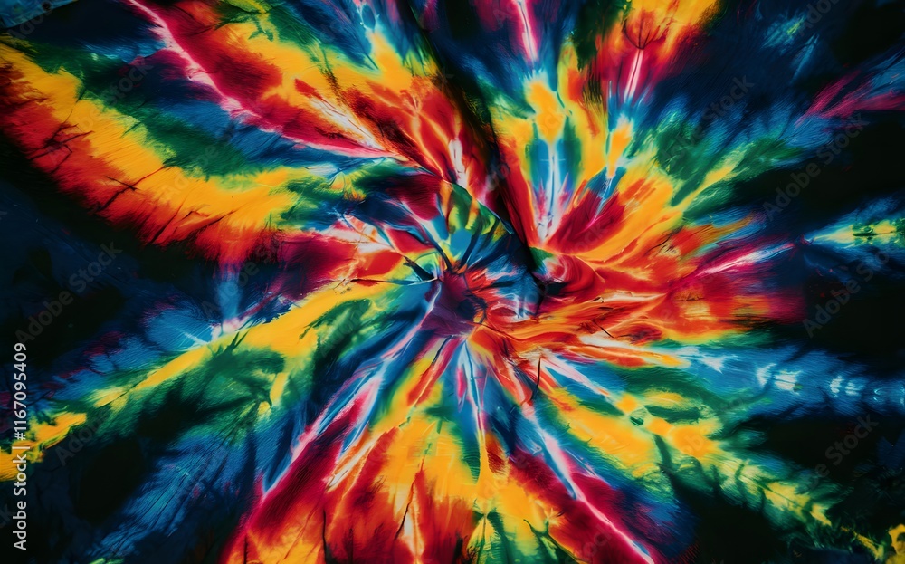 A bright, rainbow-colored tie-dye pattern with swirling designs.
A bright, rainbow-colored tie-dye pattern with swirling designs.