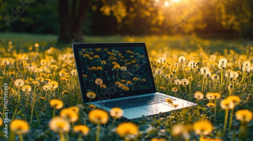 Laptop in Nature Field Symbolizing Work Life Balance and Remote Flexibility with Digital Detox and Disconnection from Technology photo