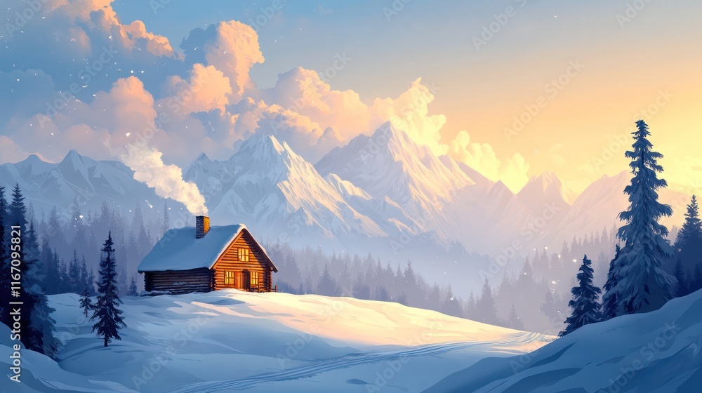 Cozy cabin nestled in snowy mountains at sunset. Cozy cabin nestled in snowy mountains at sunset.