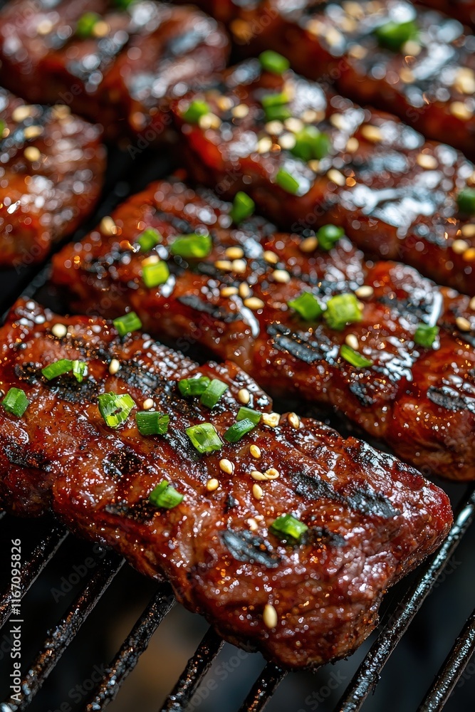 Grilled Beef Slices with Green Onions and Sesame Seeds on Barbecue Grill, Deliciously Cooked Meat for Barbecue Party or Family Gathering with Flavorful Char Marks Grilled Beef Slices with Green Onions and Sesame Seeds on Barbecue Grill, Deliciously Cooked Meat for Barbecue Party or Family Gathering with Flavorful Char Marks