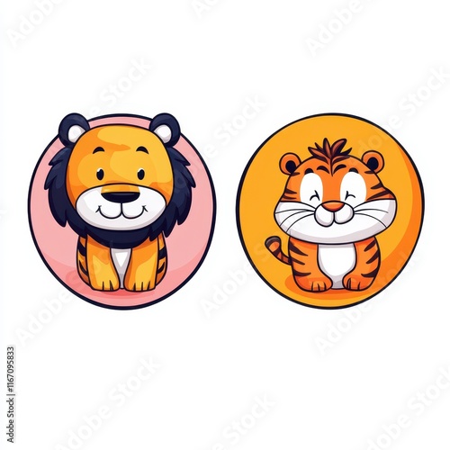 Cute Cartoon Lion and Tiger Characters with Cheerful Expressions in Playful Circular Designs for Children’s Illustrations and Educational Content photo