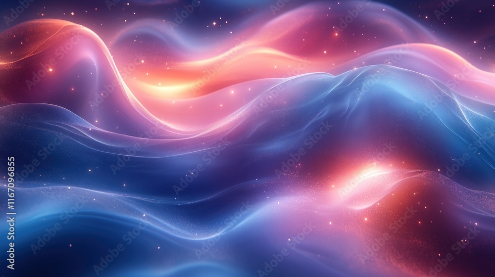Futuristic Abstract Composition with Glossy Fluid Shapes in Vibrant Blue and Pink Tones Illuminated with Soft Glows
