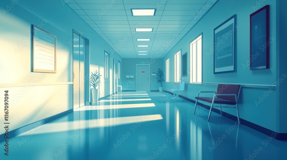 Sunlit hospital corridor with seating. Sunlit hospital corridor with seating.