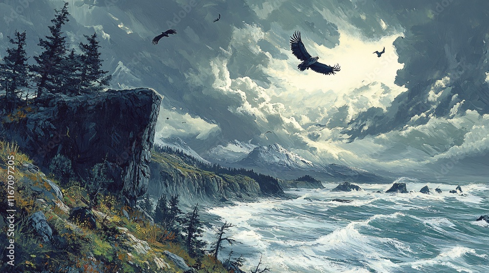 Obraz premium A windy cliffside with eagles soaring overhead