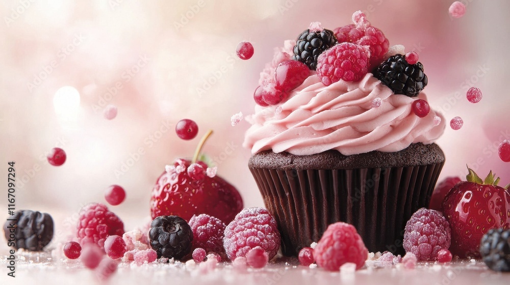 Decadent Chocolate Cupcake Topped with Frozen Berries Decadent Chocolate Cupcake Topped with Frozen Berries