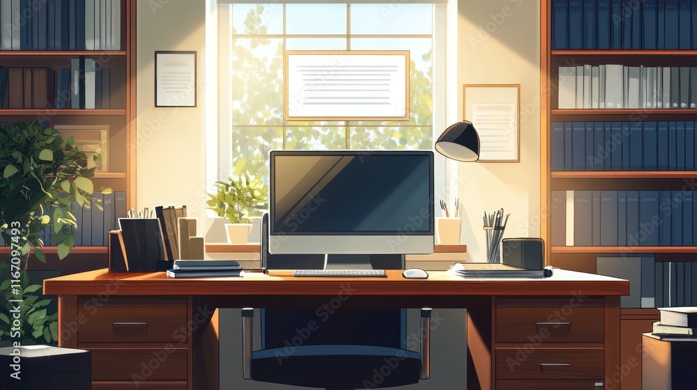 Sunlit home office with desk, computer, bookshelves, and plants. (1) Sunlit home office with desk, computer, bookshelves, and plants. (1)