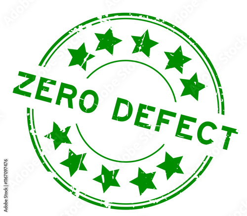 Grunge green zero defect word with star icon round rubber seal stamp on white background