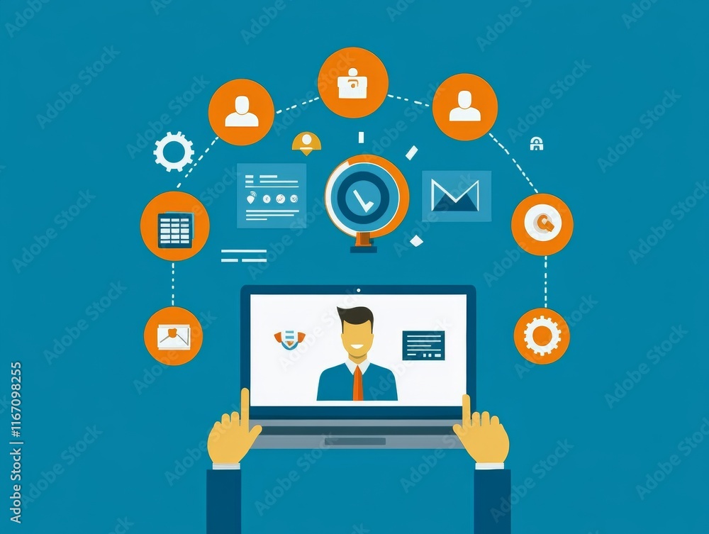 Businessman engaging target customers through virtual icons on laptop buyer persona insights Businessman engaging target customers through virtual icons on laptop buyer persona insights