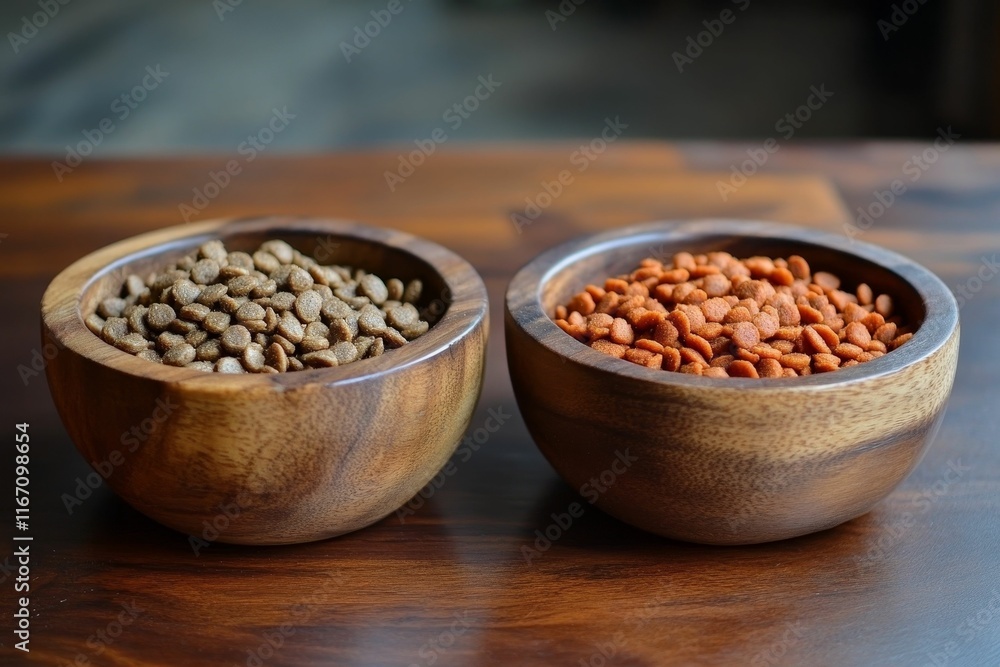 Two wooden bowls filled with pet food. Two wooden bowls filled with pet food.