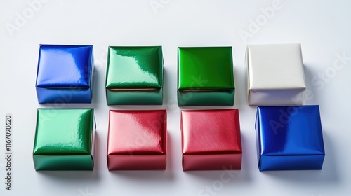 Set of golden, green, white, pink, red, blue gift boxes for christmas isolated on white background