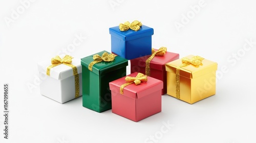 Set of golden, green, white, pink, red, blue gift boxes for christmas isolated on white background