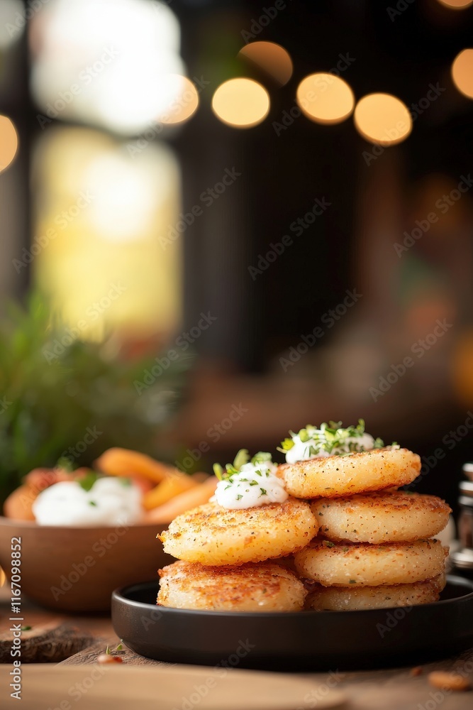 Delicious golden potato pancakes served on a black plate with a side of creamy dip and garnished with fresh herbs in a softly lit cafe setting Delicious golden potato pancakes served on a black plate with a side of creamy dip and garnished with fresh herbs in a softly lit cafe setting