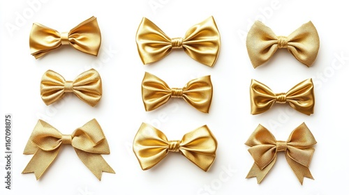 set of golden ribbon bows on a white background