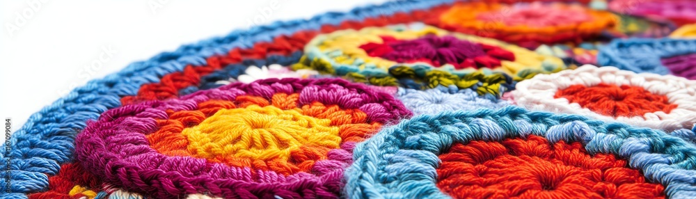 Colorful crochet design with vibrant circles on a white isolated background. Colorful crochet design with vibrant circles on a white isolated background.