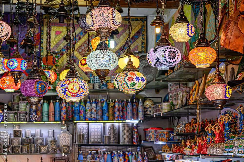 Naklejka premium Souvernir lamps in store, Granada, Spain
