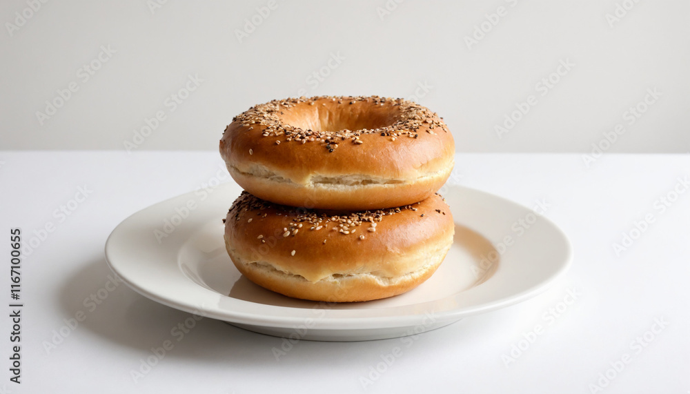 Montreal Bagel Baked Sesame Seed Topping Stacked Plate Breakfast Montreal Bagel Baked Sesame Seed Topping Stacked Plate Breakfast