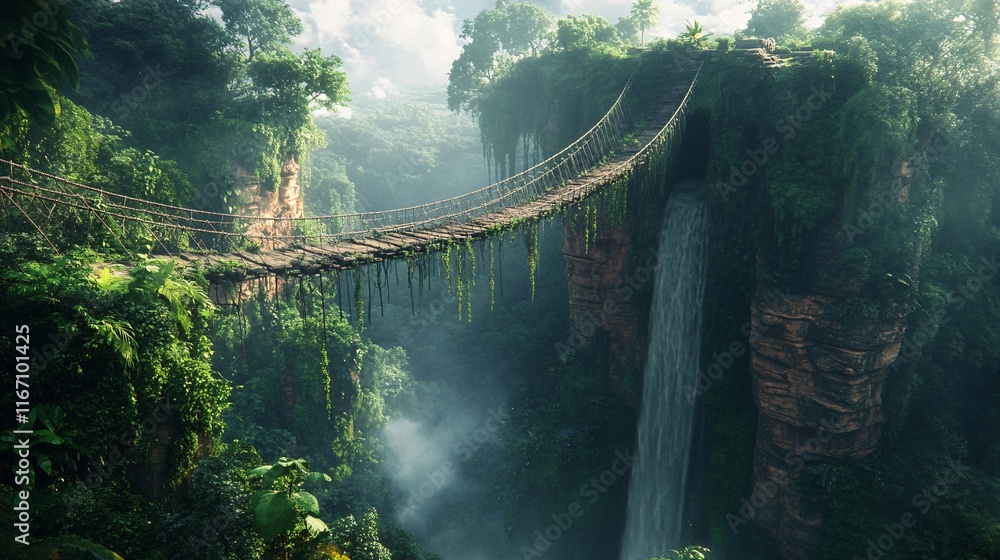 Fototapeta premium A lush jungle with a rope bridge spanning a deep chasm