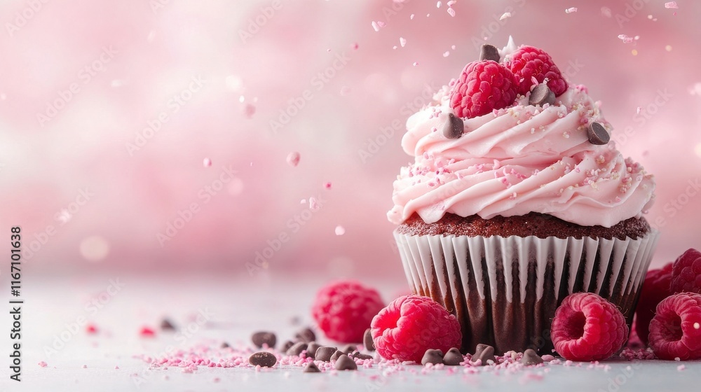 Pink frosting, chocolate chips, raspberries; a delightful cupcake! Pink frosting, chocolate chips, raspberries; a delightful cupcake!