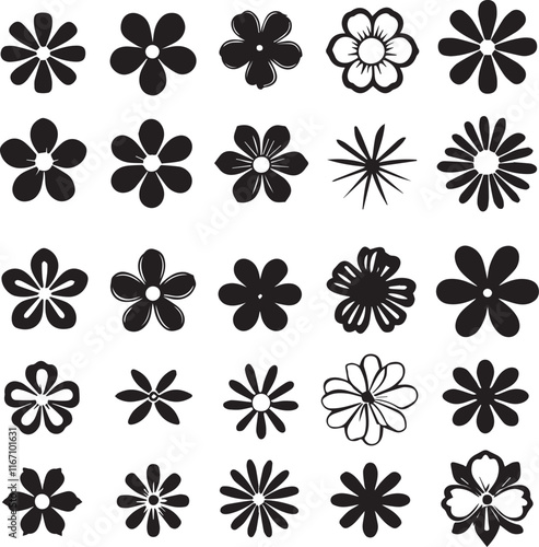 Black flower vector set feature abstract floral design silhouettes, and geometric patterns. Ideal for decoration, logos, and design projects