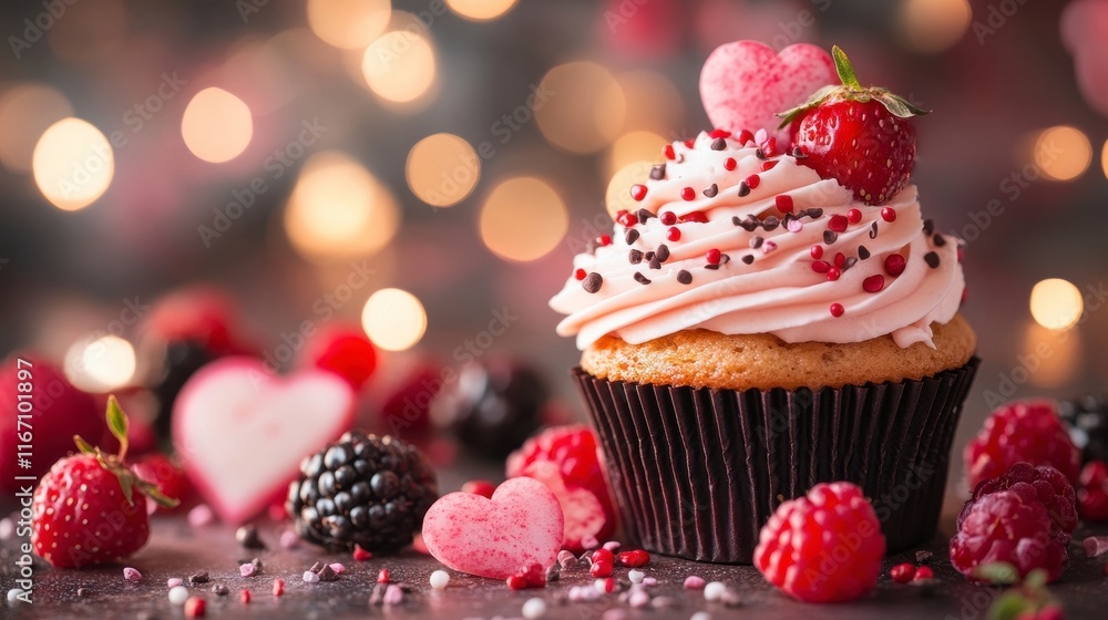 Romantic Valentine's cupcake, adorned with strawberries and heart candies. A delightful treat! Romantic Valentine's cupcake, adorned with strawberries and heart candies. A delightful treat!