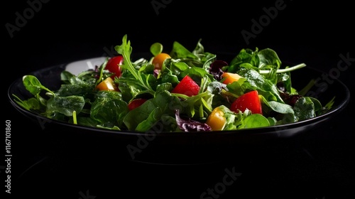 Close-up of a vibrant mixed green salad with red tomatoes and yellow pieces on a dark plate. photo