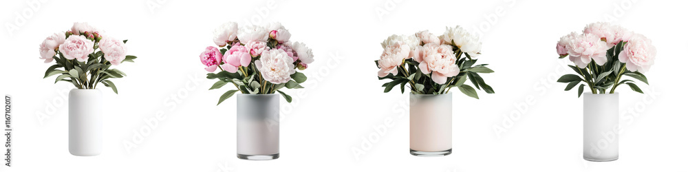 Stunning Bouquets of Delicate Peony Flowers Arranged in White Ceramic Vases Stunning Bouquets of Delicate Peony Flowers Arranged in White Ceramic Vases