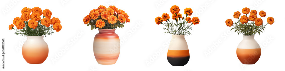 Vibrant Orange Flower Bouquet Arranged in Ceramic Vases on White Background Vibrant Orange Flower Bouquet Arranged in Ceramic Vases on White Background
