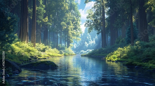 A tranquil river surrounded by towering redwood trees