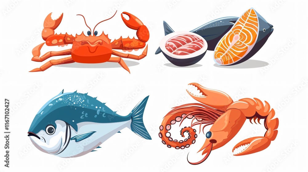Naklejka premium Seafood Icons Set: Crab and Octopus Seafood Products Symbols Collection