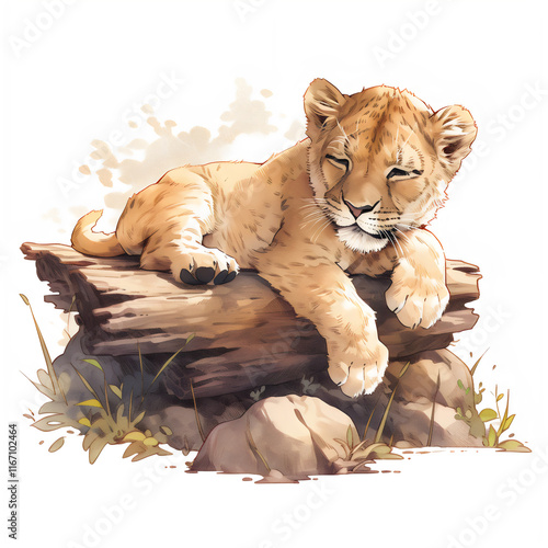 Illustration of a lion cub sleeping on savannah, lion cub image isolated on a white background, lion cub design art, lion cub clip art image, lion cub Illustration, lion cub cartoon image photo